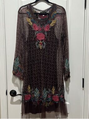 Johnny Was Brown Sheer Embroidered Floral Tunic with Pink, Yellow, Blue Accents